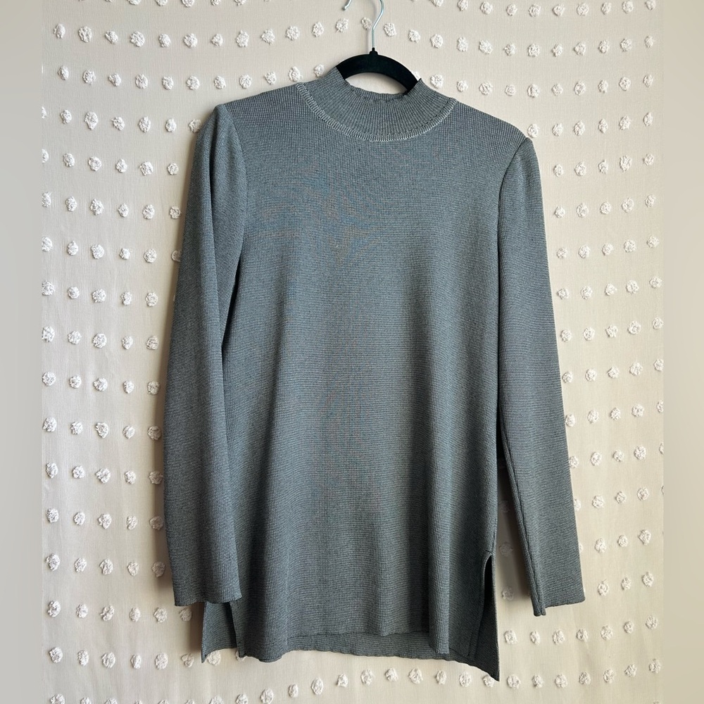 Ming Wang Metallic Knit Mock Neck Long Sleeve Sweater‎ Sz M Grey Silver